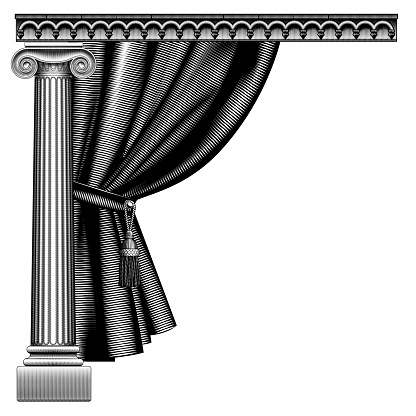 Vintage engraving black and white stylized drawing of ancient column, classic curtain with tassel and decorative cornice isolated on white. Vector 

illustration