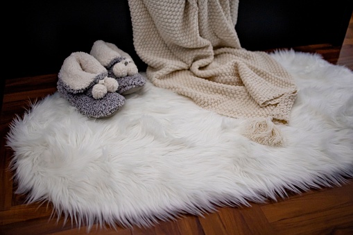 Two cozy slippers resting atop a fluffy blanket on the floor, inviting you to relax and enjoy