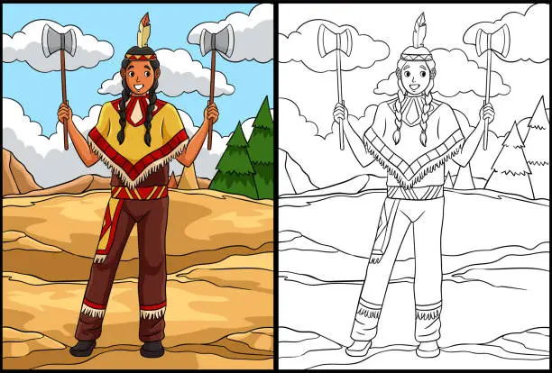 Vector illustration of Native American With Tomahawk Illustration