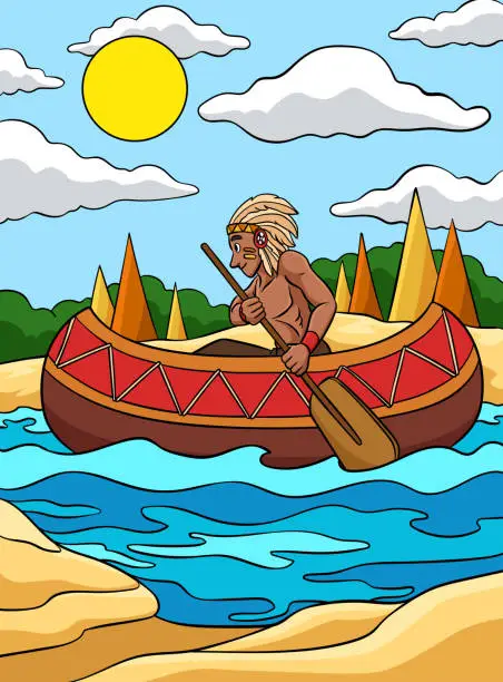 Vector illustration of Native American Canoe Colored Cartoon