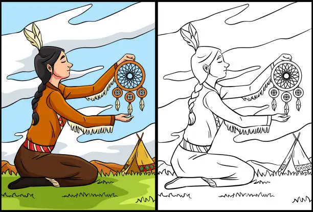 Vector illustration of Native American Girl Dreamcatcher