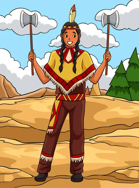 Vector illustration of Native American with a Tomahawk Colored