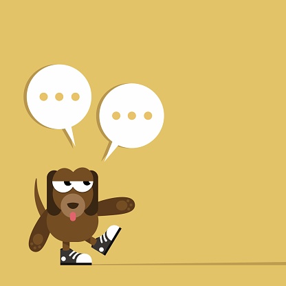 Dog character design with speech bubble, flat vector illustration.