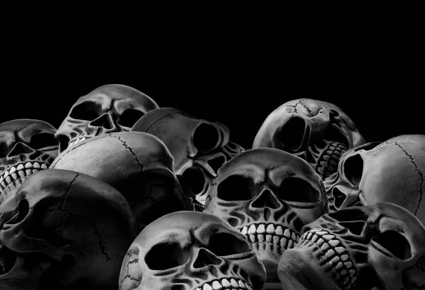 istock Many scary human skulls on black background, space for text 1810052812