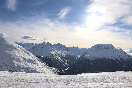 Mountain landscape with snow and clear blue sky. Saint Moritz