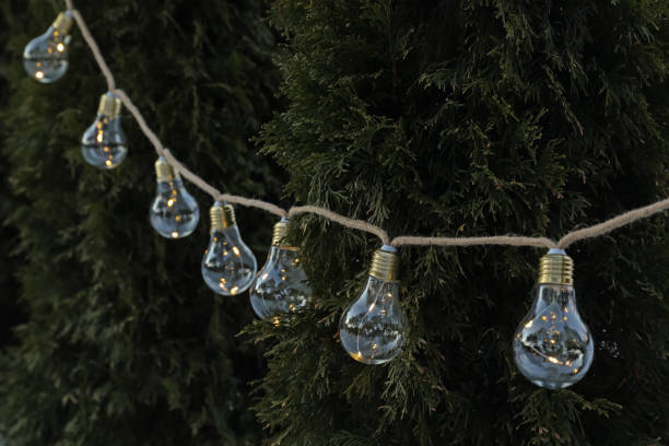 istock Beautiful garland of lamp bulbs hanging outdoors. String lights 1810056546