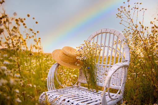 a straw hat and a bouquet of wild flowers in a wicker chair in a field against the sky with rainbow after rain