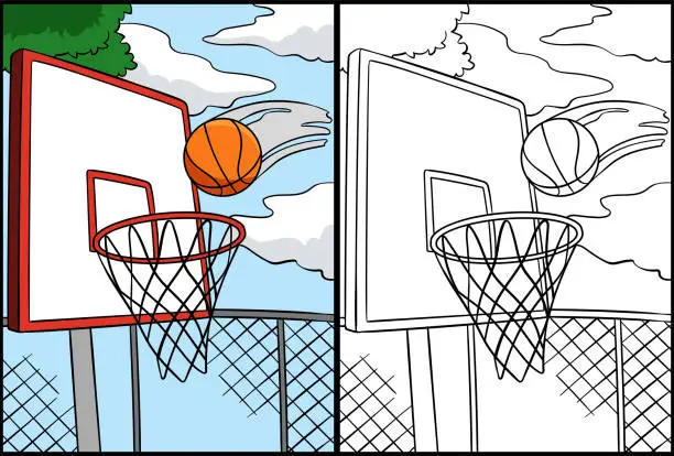 Vector illustration of Basketball Hoop and Ball Coloring Illustration