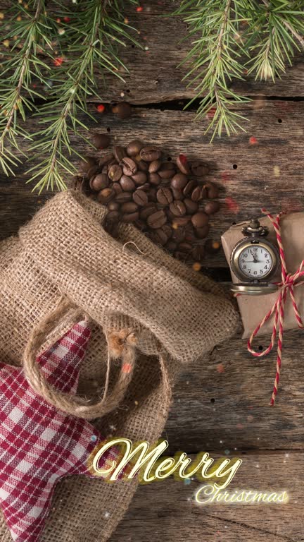 Sack of coffee beans and Christmas decorations.Cinematography