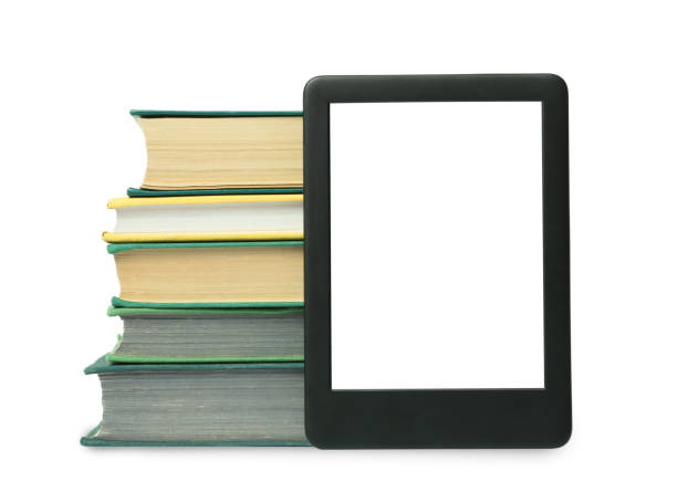 istock Modern e-book and stack of hardcover books isolated on white 1810100682