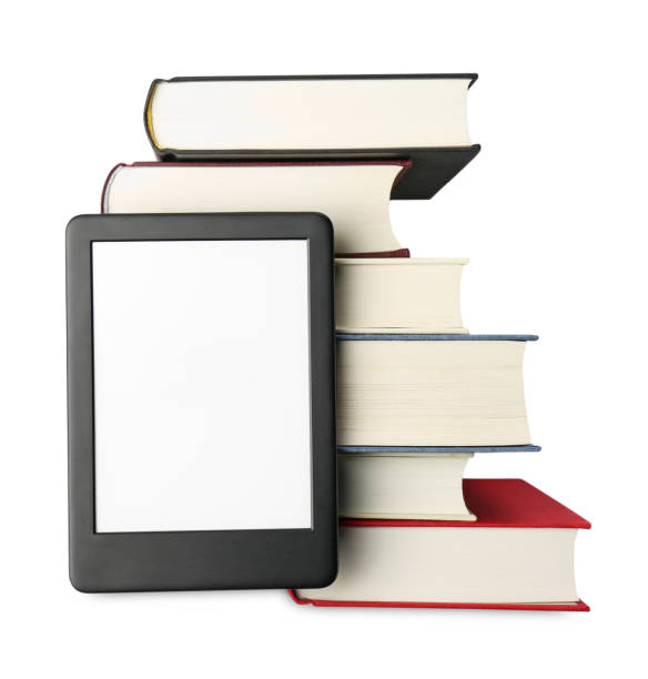 istock Hardcover books and modern e-book isolated on white, top view 1810101759