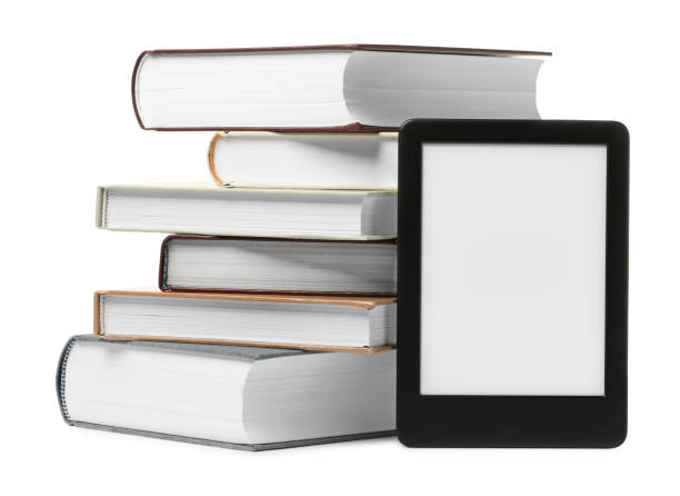 istock Modern e-book and stack of hardcover books isolated on white 1810102278
