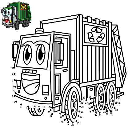 A cute and funny connect the dots Garbage Truck with Face Vehicle coloring page.