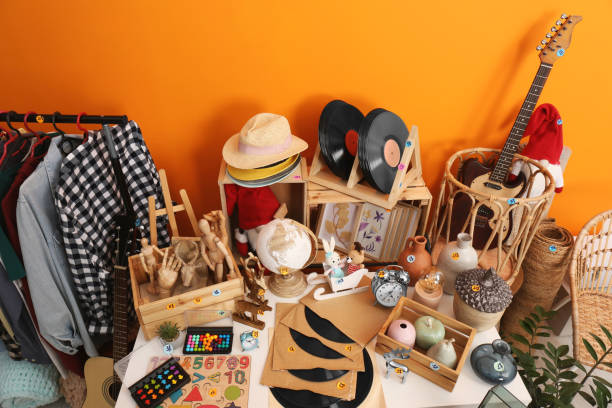 istock Many different stuff near orange wall. Garage sale 1810119919