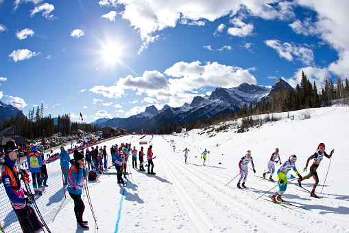 Skiers participate in the Women's World Cup Cross-Country Ski Race on March 9, 2016 at the Canmore Nordic Centre Provincial Park in Alberta, Canada. (John Gibson Photo/Gibson Pictures)