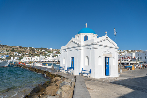A white church on Santorini island in Greece