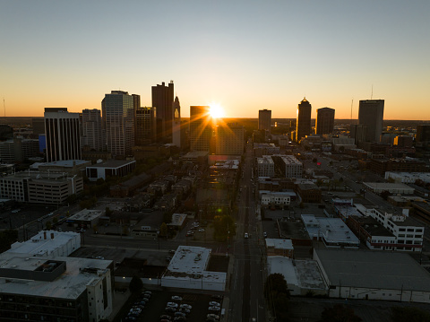 Dallas, Texas, USA downtown city skyline at dusk.