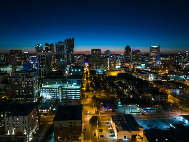 Aerial still image of Downtown Columbus taken by a drone in the evening.