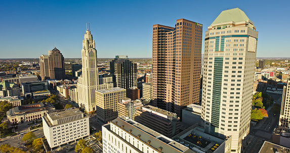Aerial still image of Downtown Columbus taken by a drone on a clear, Fall day in Ohio.