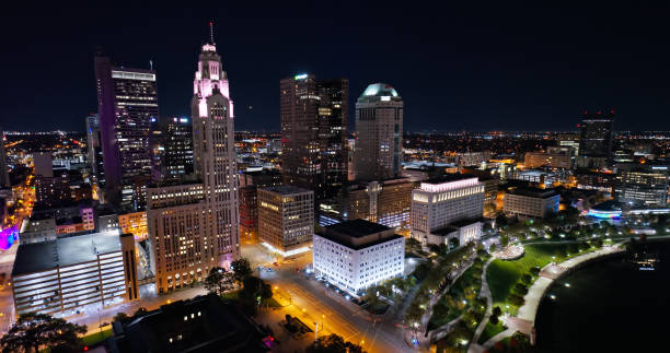 High Angle Aerial View of the Downtown Columbus on a Clear, Fall Night