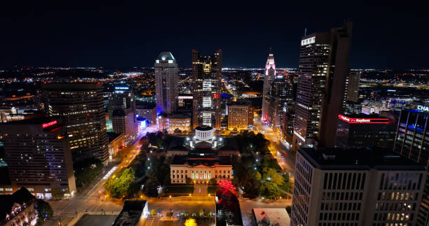 High Angle Shot of the Ohio Statehouse on a Clear, Fall Night Aerial still image of the Ohio Statehouse in Downtown Columbus, taken by a drone on a clear, Fall night. ohio ohio statehouse columbus state capitol building stock pictures, royalty-free photos & images