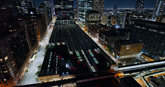 Aerial shot of Ogilvie Transportation Center in Chicago, Illinois at night.