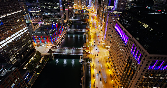 Overhead Aerial of Chicago River and Wacker Drive in Downtown Chicago on Clear Night