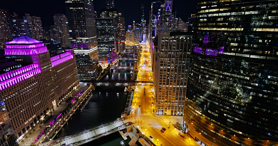 Chicago River and Wacker Drive in Downtown Chicago on a Clear Night in Fall