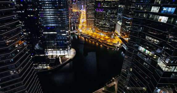 Chicago River in and Wacker Drive at Night - Aerial