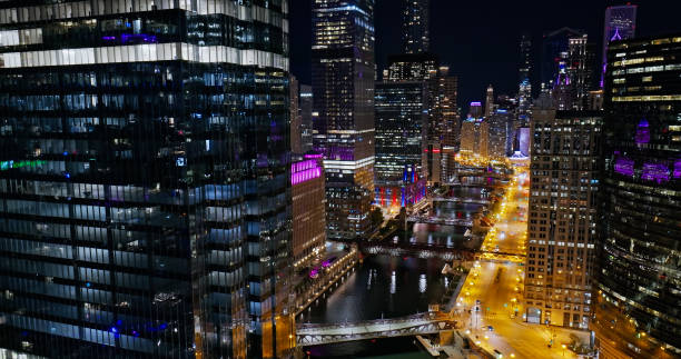 istock Aerial Still of River and Downtown Chicago Loop Skyscrapers at Night 1810165724