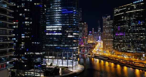 istock Drone View of Downtown Chicago with Chicago River on Clear Night in Fall 1810165725