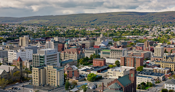 Aerial view of Scranton on Fall day. Scranton, located in Lackawanna County in northeastern Pennsylvania, is known as the \