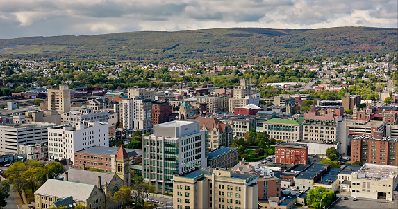 Aerial view of Scranton on Fall day. Scranton, located in Lackawanna County in northeastern Pennsylvania, is known as the \