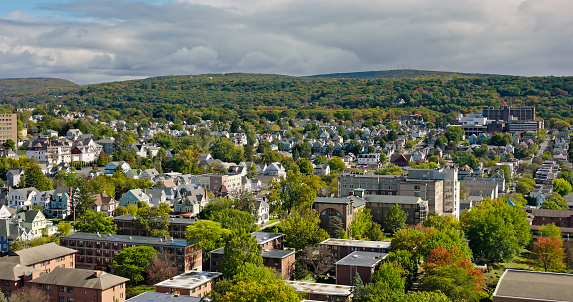 Aerial view of Scranton on Fall day. Scranton, located in Lackawanna County in northeastern Pennsylvania, is known as the \
