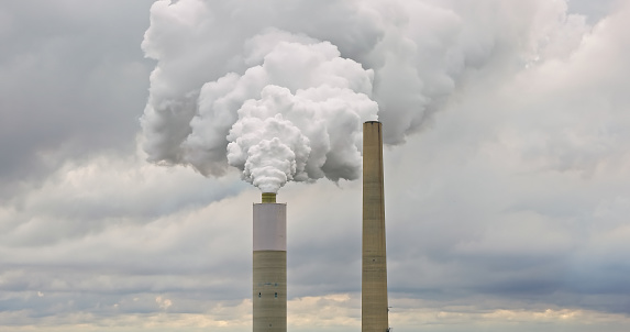 Aerial image of  Kyger Creek coal fired power plant in Gallia County, Ohio on an overcast day in Fall.