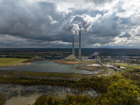 Aerial image of  Kyger Creek coal fired power plant in Gallia County, Ohio on an overcast day in Fall.