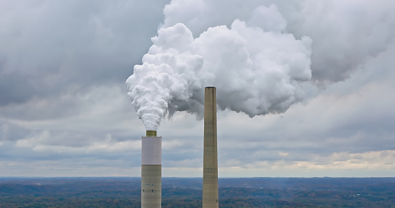 Aerial image of  Kyger Creek coal fired power plant in Gallia County, Ohio on an overcast day in Fall.