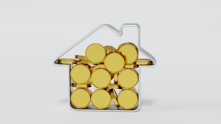 Golden coin falling in house shape piggy bank, save money for buy house, 3D rendering.