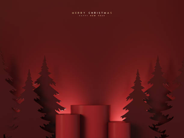 製品プレゼンテーション用の空の赤いクリスマス表彰台。モックアップスペースと装飾と赤いクリスマスの背景。