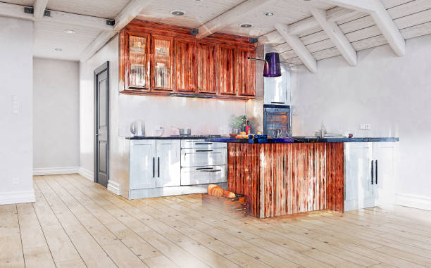 sketch with markers effect on a 3d render of a kitchen, fading from the center: side view of a modern white and hardwood kitchen with a rectangular back marble breakfast kitchen island and a peek of a corridor - appliance floor fruit designer imagens e fotografias de stock