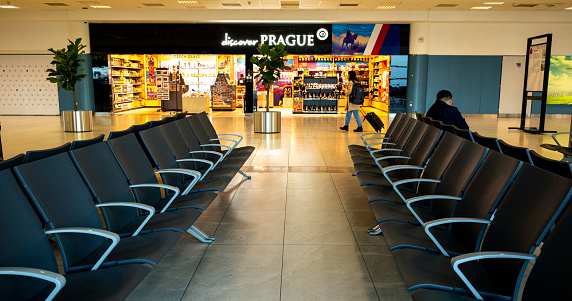 Various views of the gate area at Prague international airport in Prague, Czech Republic