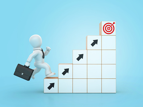 Arrows Blocks Steps with Target and Cartoon Business Character - Color Background - 3D Rendering
