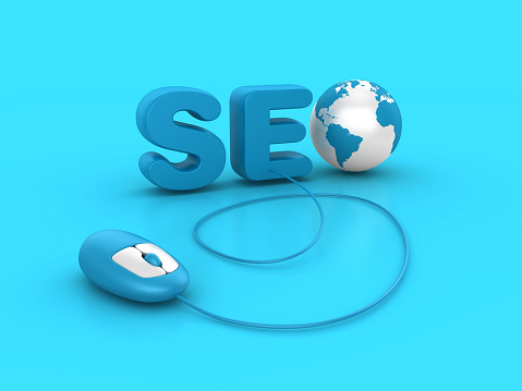 3D Word SEO with Globe World Map and Computer Mouse - Color Background - 3D Rendering