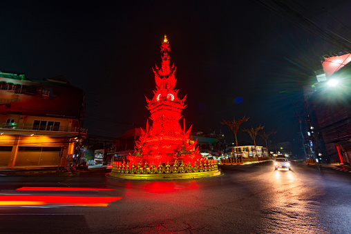Changing hues,from colorful floodlights,light up the beautiful ornate clock tower,a famous city landmark,and tourist attraction,built in 2005 to honour Her Majesty Queen Sirikit The Queen Mother.