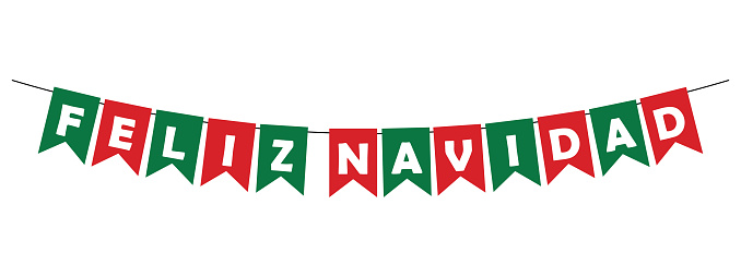 feliz navidad bunting garland, red and green pennants with white letters, party spanish lettering banner, panoramic vector decorative element