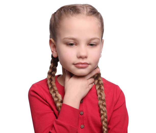 Girl suffering from sore throat on white background