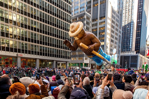 Manhattan, New York - November 2023 ride on the Smokey The Bear float at the 2023 Macy's Thanksgiving Day Parade on November 23th, 2023 in New York City.