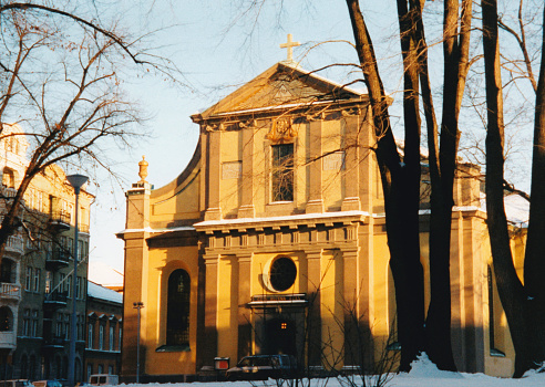 Norrkoping, Östergötland, Sweden: baroque facade of the parish church of St. Olof in winter ('Sankt Olai kyrka') - designed by  Carl Johan Cronstedt, it completed in 1767, built over a medieval church building - Swedish Church (Evangelical-Lutheran), Diocese of Linköpingm, Norrköping pastorate.