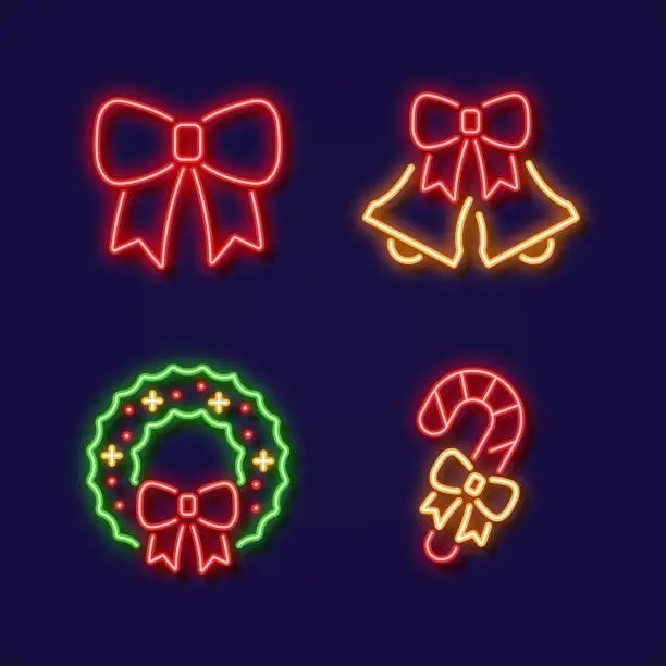 Vector illustration of Neon objects with tied bow icon set