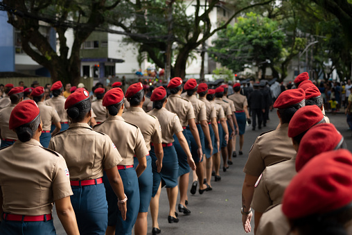 Salvador, Bahia, Brazil - September 07, 2023: Female military police officers parade during tributes to Brazilian Independence Day in the city of Salvador, Bahia.